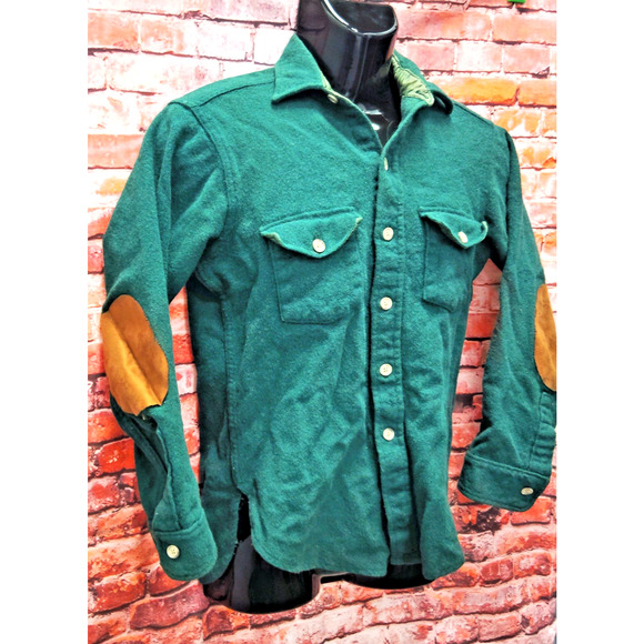 Woolrich Button Up Shirt Men's Green Wool Long Sleeve Elbow PSmalatches Collared - Picture 6 of 15